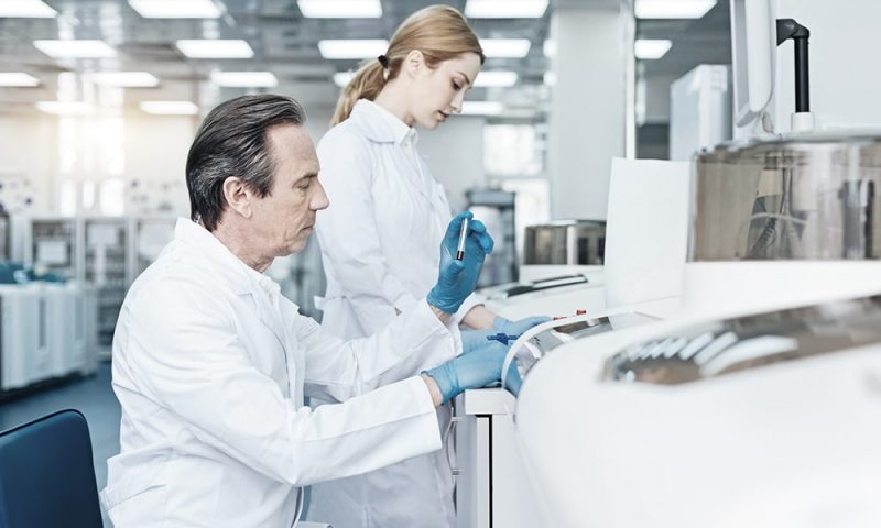 Laboratory technicians analyzing samples